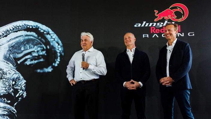 Brad Butterworth, Ernesto Bertarelli and Hans Peter Steinacher of Alinghi Red Bull Racing. Photo / Red Bull