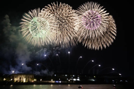 Fireworks are viewed from Toki Messe where the G7 meeting of finance ministers and central bank governors is held, in Niigata, Japan, Friday, May 12, 2023. (AP Photo/Shuji Kajiyama)
