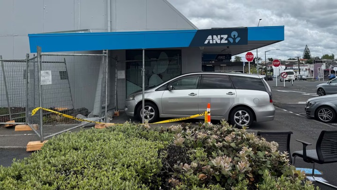 The damaged awning roof of the ANZ bank on St John St. Photo / Bijou Johnson