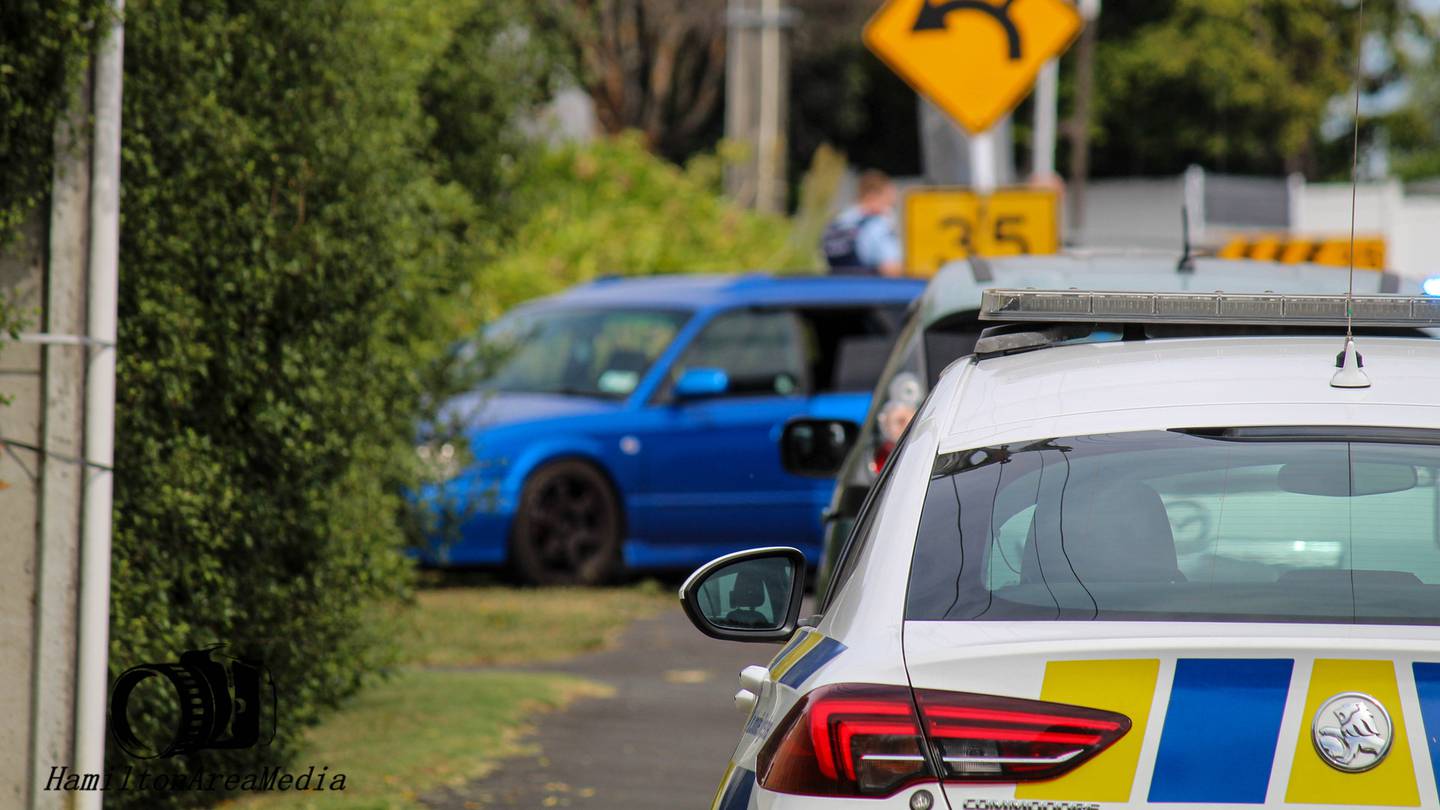The stolen blue Sabaru as spiked by police. Photo / James Everaarts