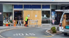 Clean-up work after a ram raid at Goldfields Shopping Centre in Thames. Photo / Monika Lange
