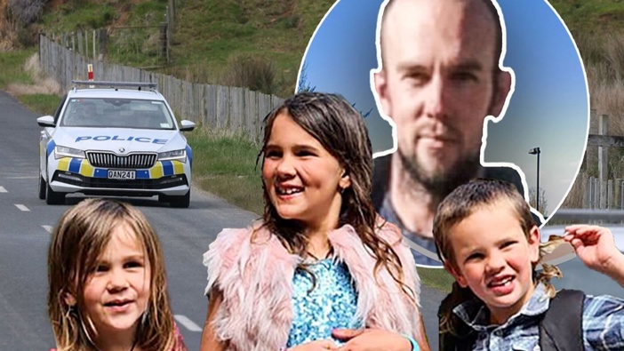 The Phillips children, from left, Ember, Jayda and Maverick, have been missing with their fugitive dad Tom Phillips, inset, since December 2021. The family are thought to be on the run in bush in the Marokopa area, with all four spotted by teenage pig hunters last month.