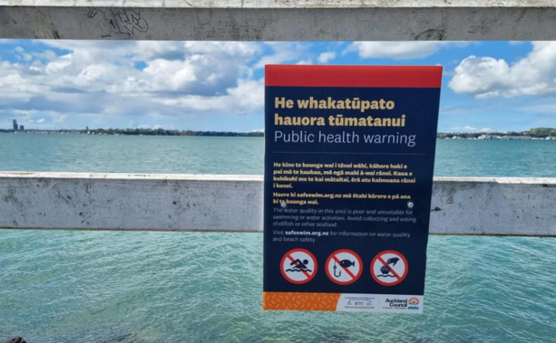 A sign warns locals against swimming and fishing at Okahu Bay. Photo / Amy Williams / RNZ
