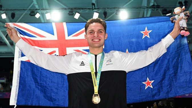 Lewis Clareburt celebrates gold number two in Birmingham. Photo / Photosport