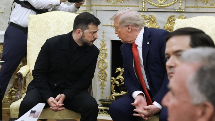 U.S. President Donald Trump meets with Ukrainian President Volodymyr Zelensky at the White House on August 18, 2025 in Washington, DC. President Trump is hosting President Zelensky at the White House for a bilateral meeting and later an expanded meeting with European leaders to discuss a peace deal between Russia and Ukraine. (Photo by Anna Moneymaker/Getty Images)