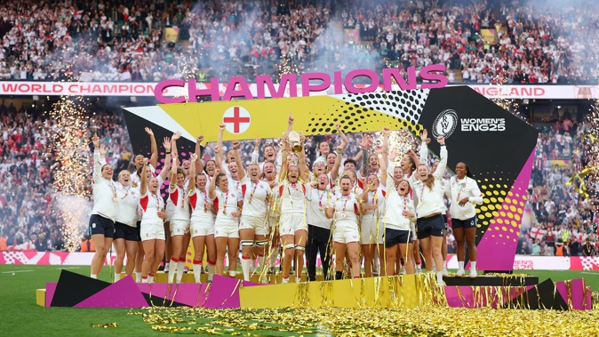 Zoe Aldcroft of England lifts the Women's Rugby World Cup trophy following victory in the Women's Rugby World Cup 2025 Final match between Canada and England at Twickenham. Photo / Getty Images