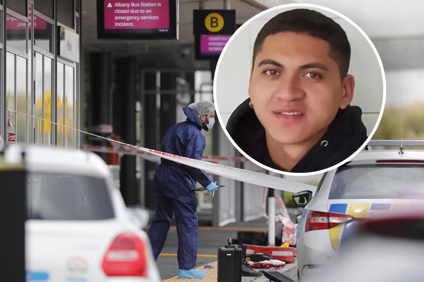 Police investigate the fatal stabbing of Epapara Poutapu (inset) at the Albany bus station in September 2023. Photo / Dean Purcell
