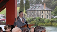 Associate Minister for the Environment James Shaw addresses the audience at Te Ahurea Kororipo Heritage Park in Kerikeri. Photo / Michael Cunningham