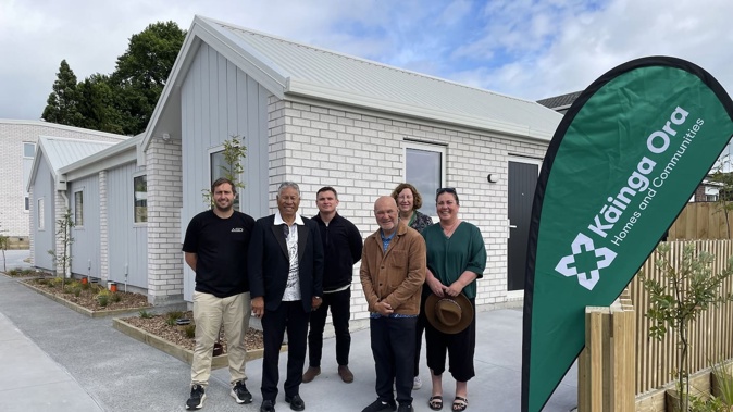 (From left): Some of those who took part in the karakia blessing of new houses at 107 Boucher Avenue – Reinn Duxfield (Archispace), Kahi Hanara (Ngāti Whakaue ki Maketu), Tim Haldezos (Archispace), Minita Paruhiterangi O’Callaghan (Waitaha, Tapuika), Annie Ross (Kāinga Ora), Tatai Takuira-Mita (Fairhaven School).