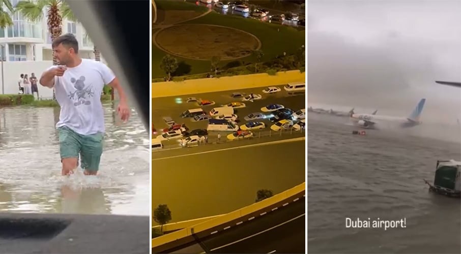 Footage has emerged of Dubai under water as a year's worth of rain fell inside a matter of hours, turning streets into rivers and forcing a New Zealand family to abandon their car and wade to safety.