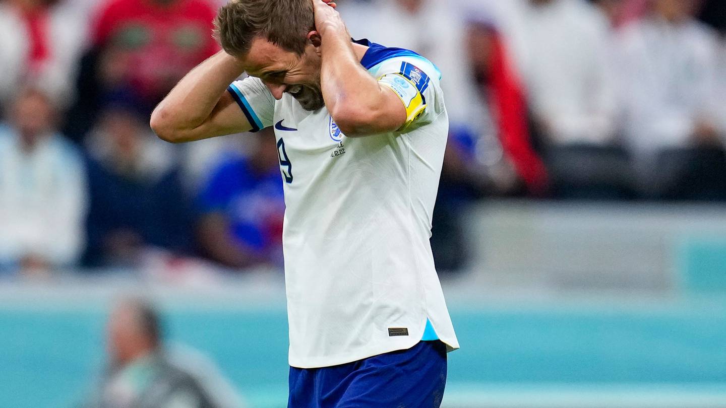 England's Harry Kane reacts after missing a penalty during the World Cup quarterfinal between England and France. Photo / AP