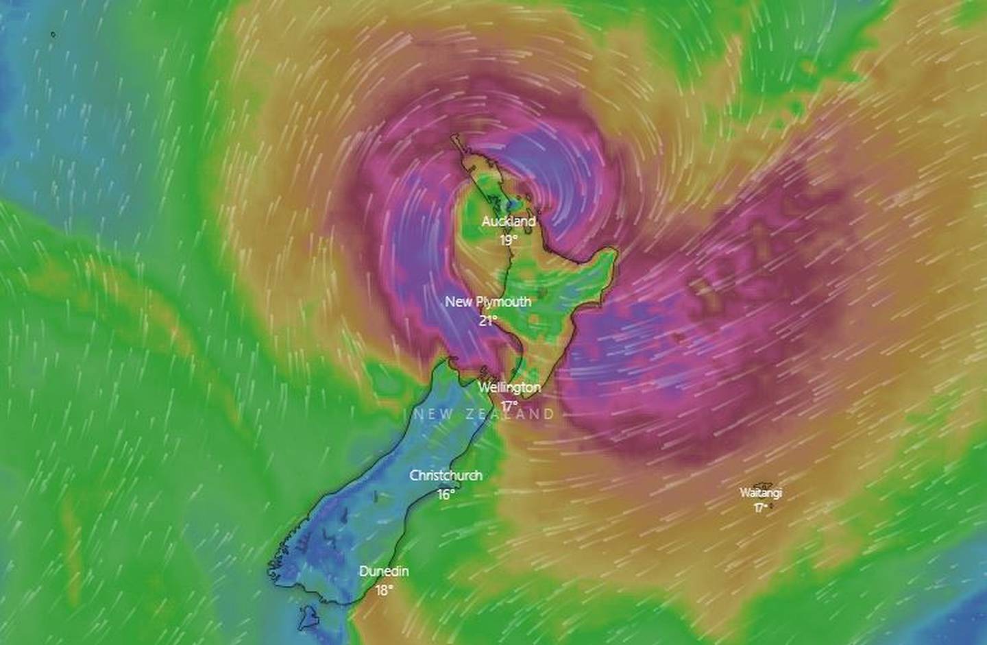 The projected path of Cyclone Gabrielle for Tuesday. Photo / Windy.com
