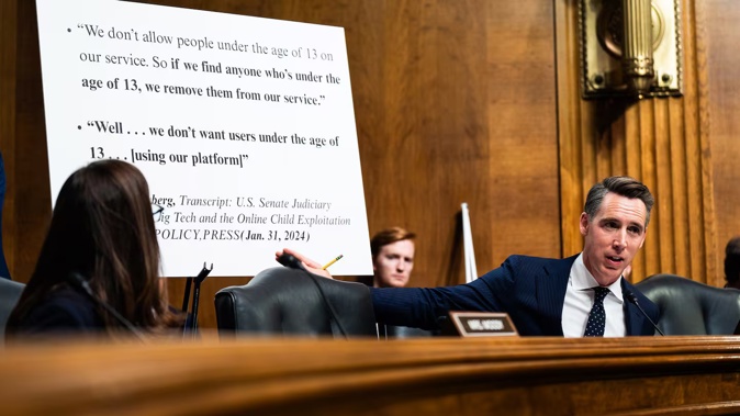 Senator Josh Hawley during a Senate Judiciary subcommittee hearing. Photo / Demetrius Freeman, The Washington Post