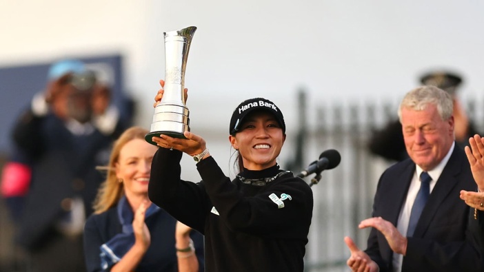 Lydia Ko of New Zealand, poses with the AIG Women's Open trophy on Day Four of the AIG Women's Open at St Andrews Old Course. Photo / Getty Images