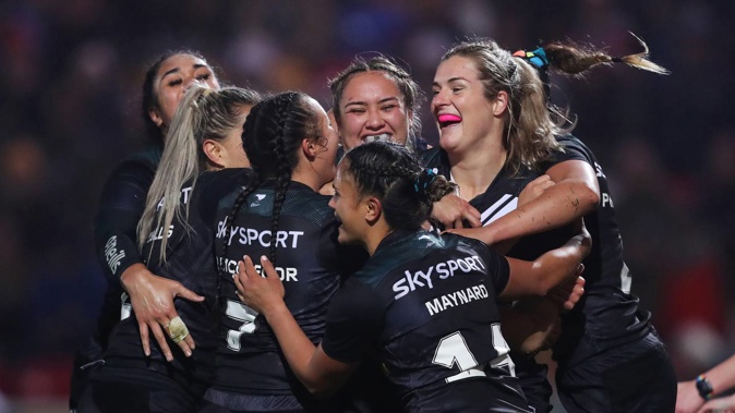 The Kiwi Ferns celebrate a try during their win over England in the Rugby League World Cup semifinal. Photo / Getty