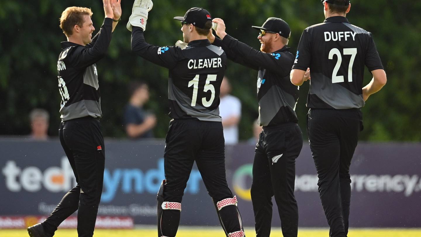 Lockie Ferguson celebrates a wicket in New Zealand's opening T20 victory over Ireland. Photo / Getty