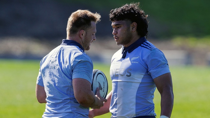 Sam Cane and Wallace Sititi during a New Zealand All Blacks training session at Mt Smart Stadium on August 13, 2024 in Auckland, New Zealand. (Photo by Dave Rowland/Getty Images)