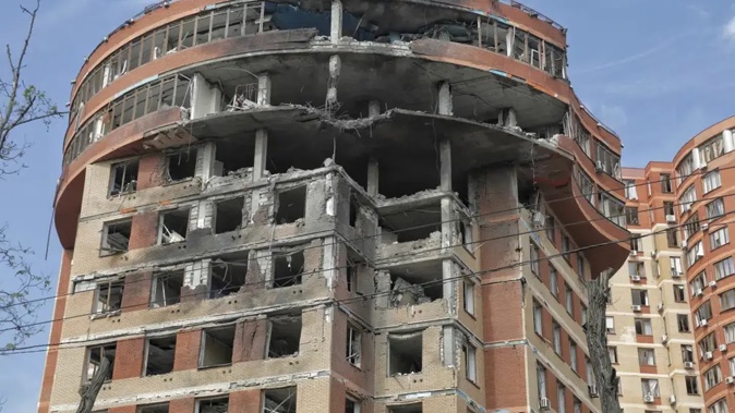 A part of a business centre is damaged after a nightly Russian rocket attack in Odesa, Ukraine. Photo / AP