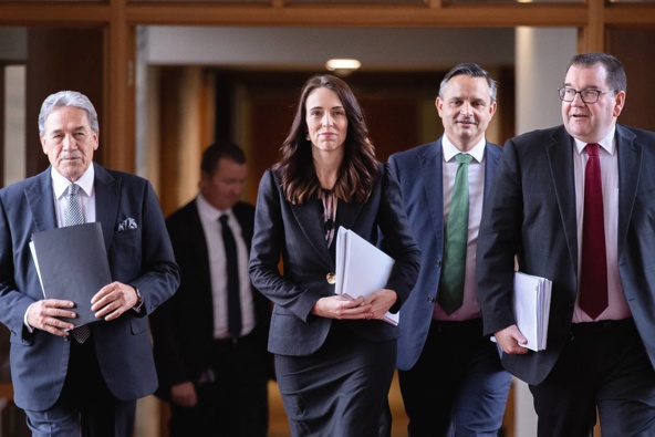 NZ First leader Winston Peters, PM Jacinda Ardern Green Party co-leader James Shaw and Finance Minister Grant Robertson. (Photo / File)
