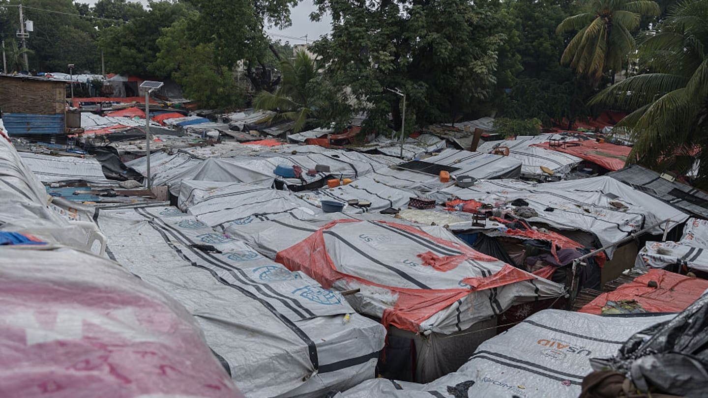 Makeshift shelters covered with tarps in Port-au-Prince, Haiti. Photo / Getty Images