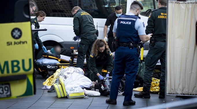 Emergency services attending to multiple patients outside SkyCity in central Auckland. Photo / Dean Purcell
