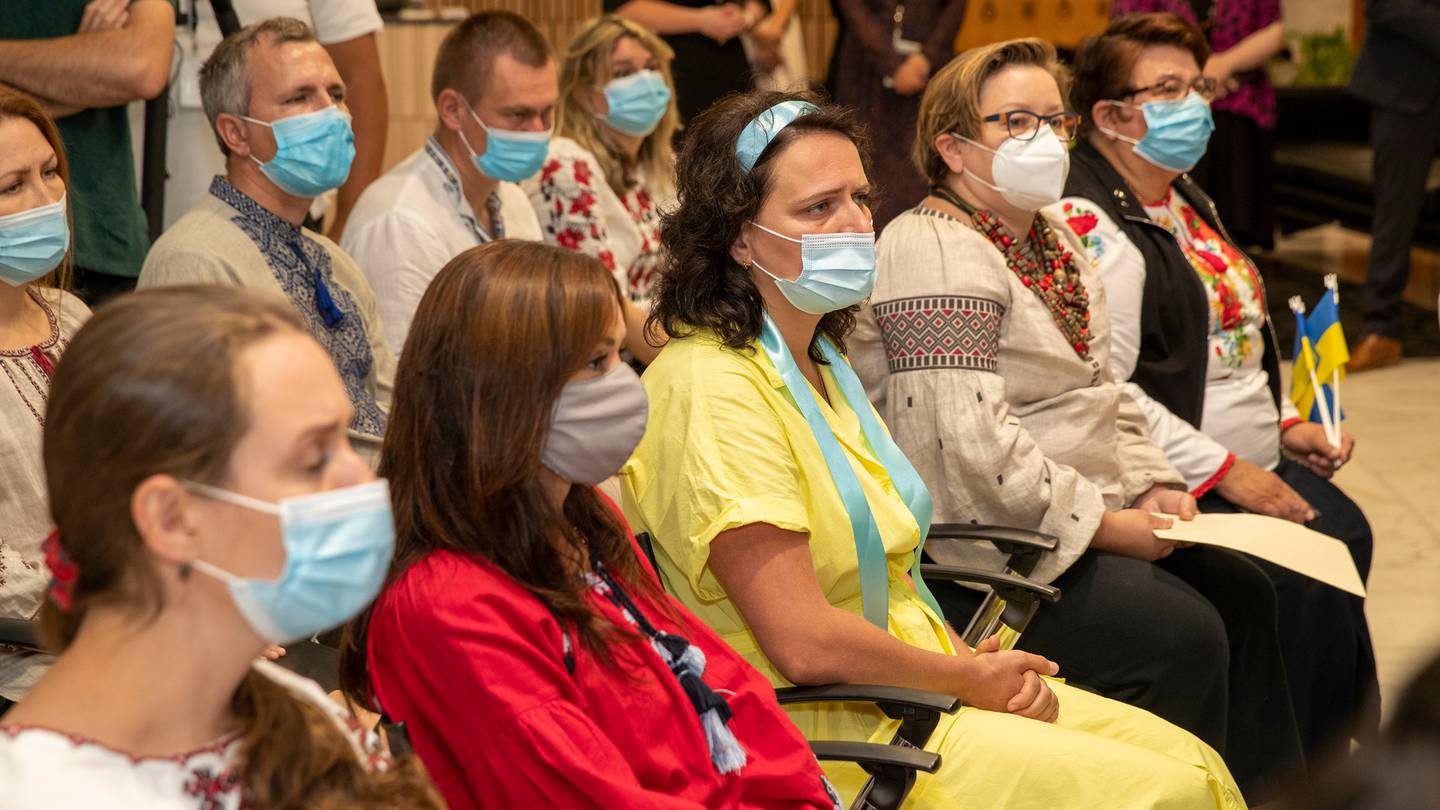 Representatives of the Ukrainian community during the unveiling of the artwork at Parliament. (Photo / Mark Mitchell)
