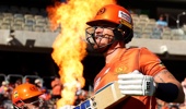 Mitch Marsh and Finn Allen of the Scorchers walk out to open the batting during the BBL Qualifier match between Perth Scorchers and Sydney Sixers at Optus Stadium, on January 20, 2026, in Perth, Australia (Photo by Paul Kane/Getty Images)