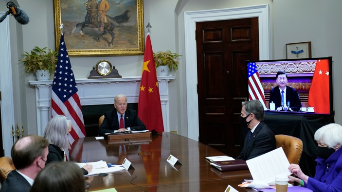 President Joe Biden meets virtually with Chinese President Xi Jinping from the Roosevelt Room of the White House in Washington. (Photo / AP)