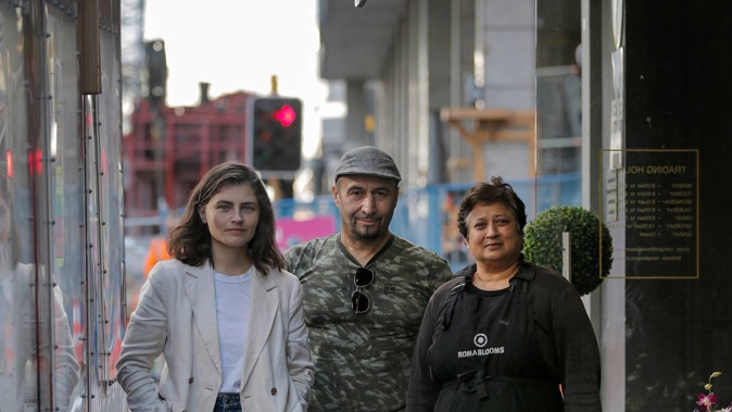 Auckland Central MP Chloe Swarbrick, Midnight Express owner Erdal Demiray and Roma Blooms owner Shobhana Ranchhodji are seeking compensation for disruption from the City Rail Link. (Photo / Alex Burton)