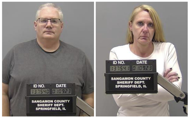 This combination of photos provided by the Sangamon County Sheriff's Dept. shows Peter J. Cadigan, left, and Peggy Jill Finley on Jan. 9, 2023, in Springfield, Ill. The two paramedics face first-degree murder charges, accused of strapping a patient facedown on a stretcher while taking him to a hospital in response to police concerns. Illinois authorities announced the charges on Jan. 10, 2023, nearly a month after Earl L. Moore died on Dec. 18. Photo / AP