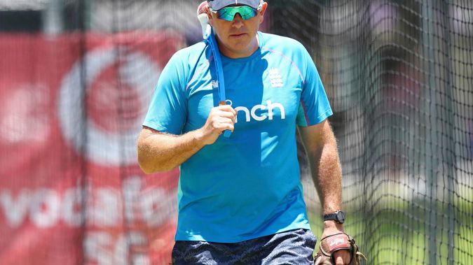 England's coach Chris Silverwood takes part in a training session. Photo / AP