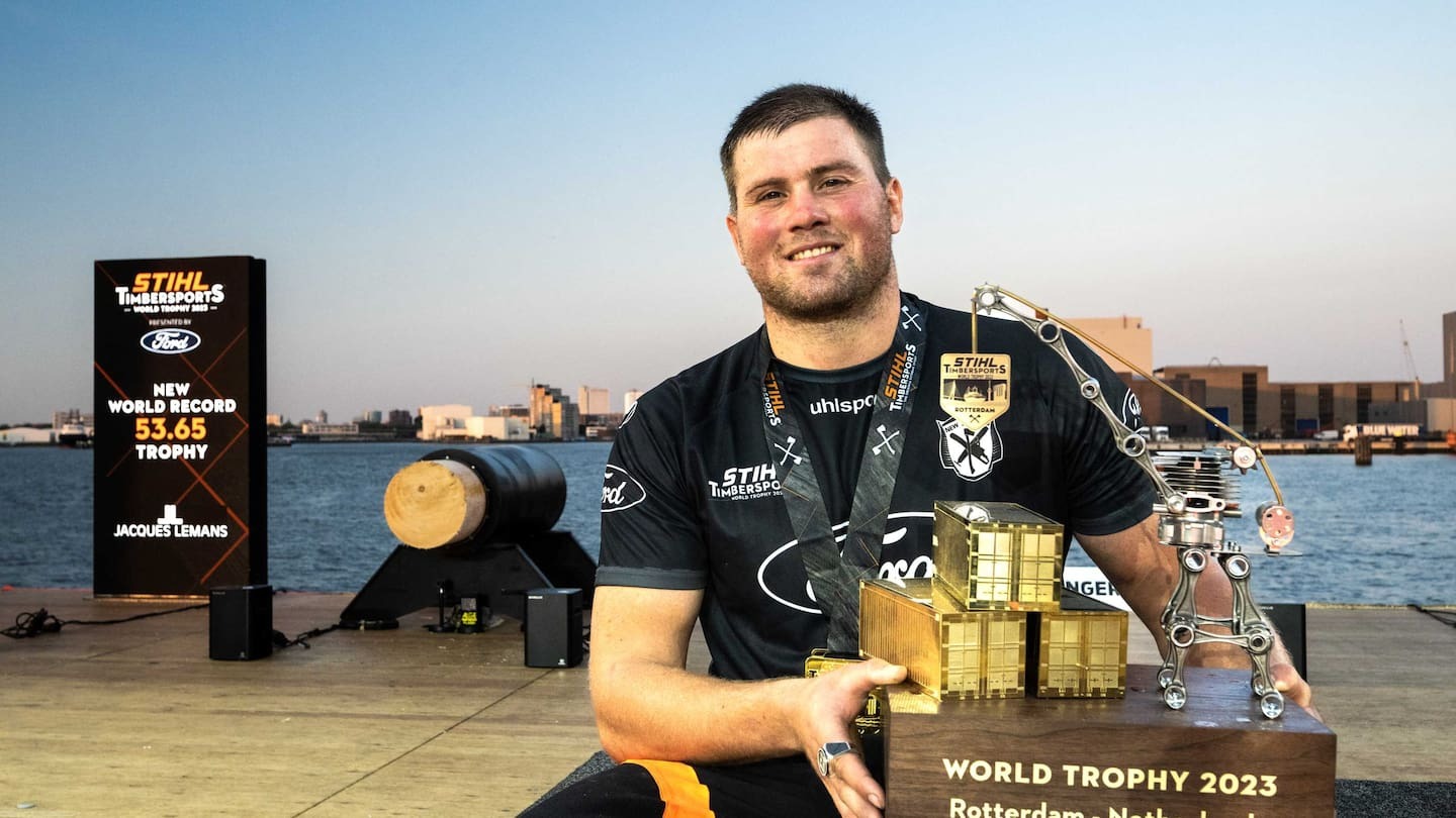 Jack Jordan celebrates his win in Rotterdam, Netherlands. Photo / Stihl Timbersports