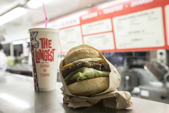 An old school burger and The Longest Drink in Town milkshake. Photo / Michael Craig