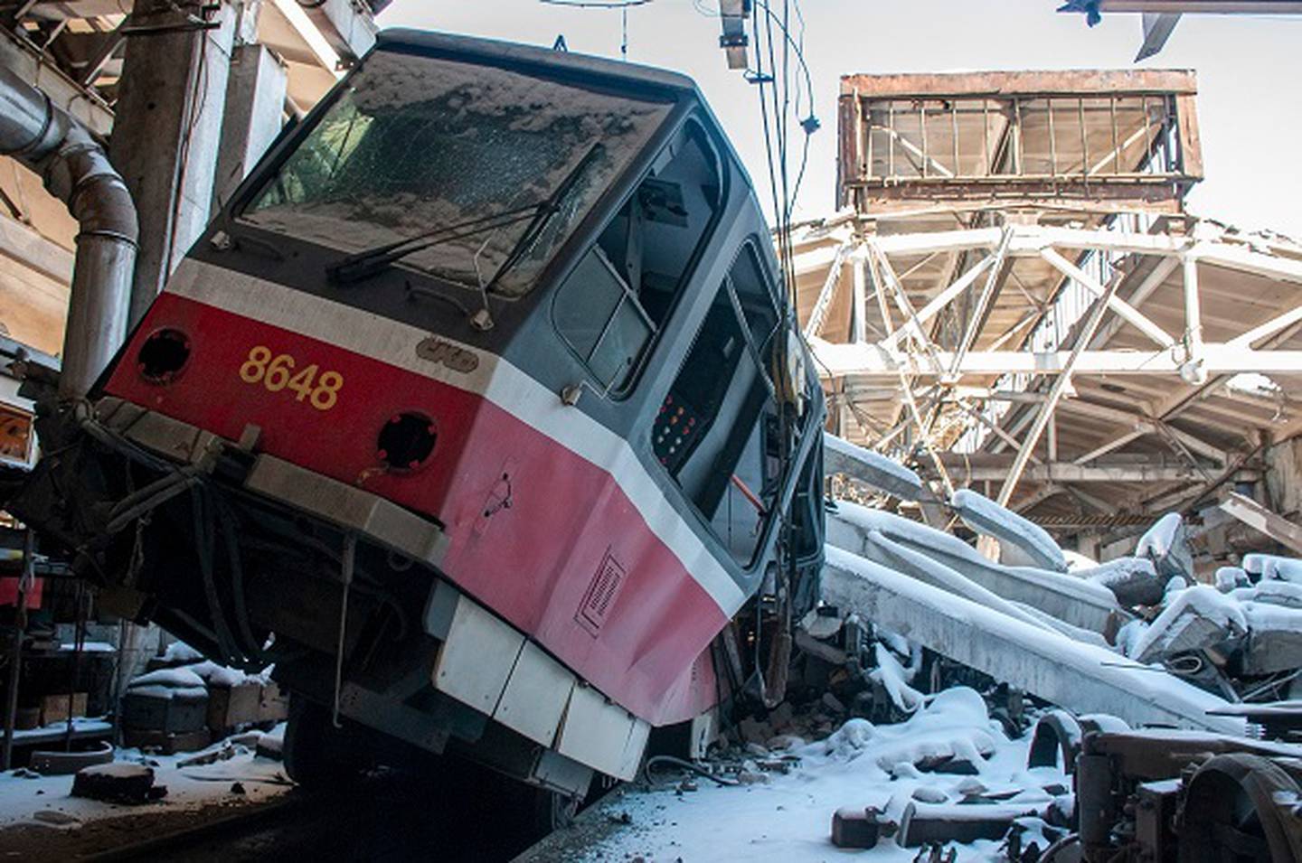 A destroyed tram damaged by shelling, at a tram depot, in Kharkiv, Ukraine.