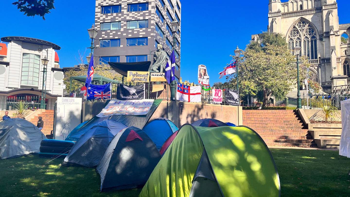 Tent cities are springing up across the South Island in sympathy with the Wellington anti mandate protesters. Photo / Alyx Lunn