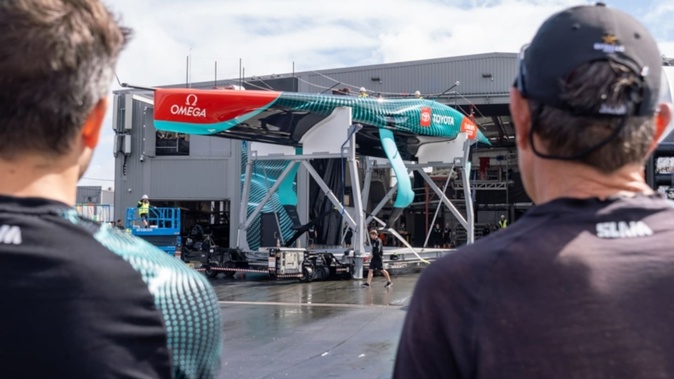 Team New Zealand's new AC75 was rolled out of the shed for the first time in preparation for commissioning. Photo / Hamish Hooper, Emirates Team New Zealand