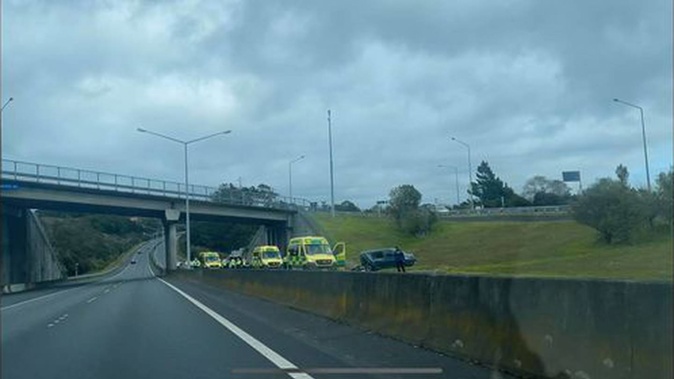 Emergency services are at the scene of a serious crash on SH18 near Greenhithe. (Photo / Dylan Samson)