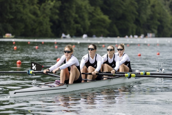 Jackie Gowler, Phoebe Spoors, Davina Waddy and Kerri Williams of New Zealand, from right, compete in the Women's Four heat on the first day of the 2024 World Rowing Cup at Rotsee, Friday, May 24, 2024 in Lucerne, Switzerland. (Philipp Schmidli/Keystone via AP)
