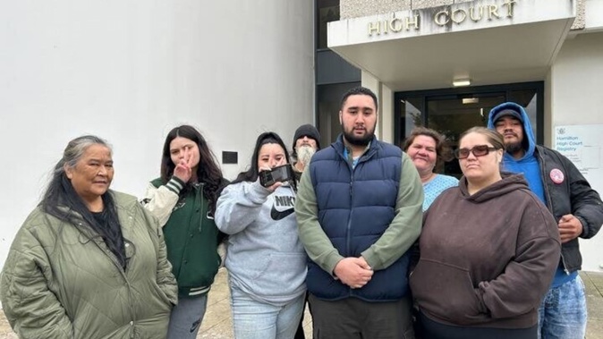 Whānau of William Brown, 46, Shylin Huirama-Osbourne, 26, and Sione Nusipepa, 23, outside the High Court at Hamilton after Norton Sowerby pleaded guilty to manslaughter. Photo / Belinda Feek