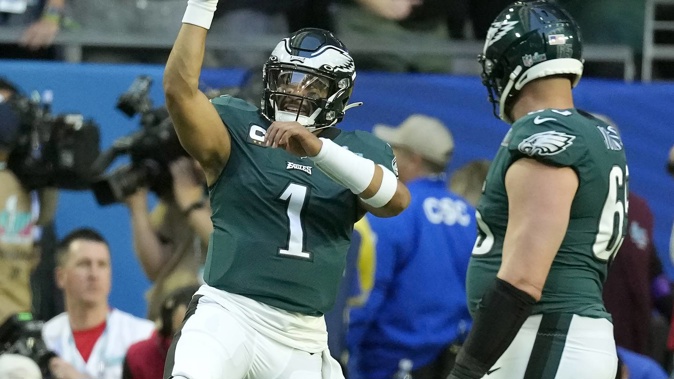 Philadelphia Eagles quarterback Jalen Hurts (1) celebrates after scoring a touchdown during the first half of the Super Bowl. Photo / AP
