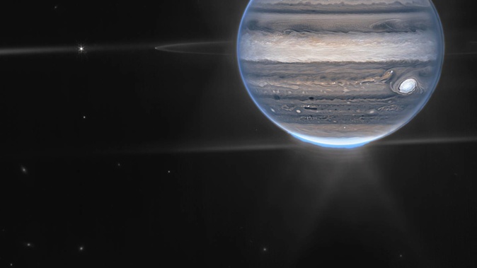 A false-colour composite image of Jupiter obtained by the James Webb Space Telescope. Photo / AP