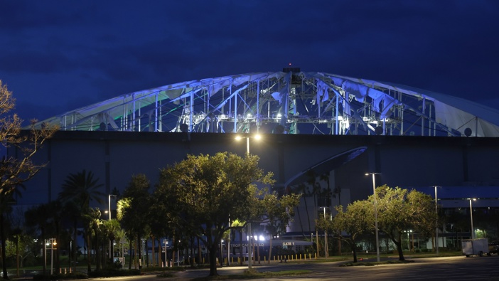 The roof at Tropicana Field sustained major damage because of high winds associated with Hurricane Milton on October 10, 2024 in St. Petersburg, Florida. (Photo by Spencer Platt/Getty Images)