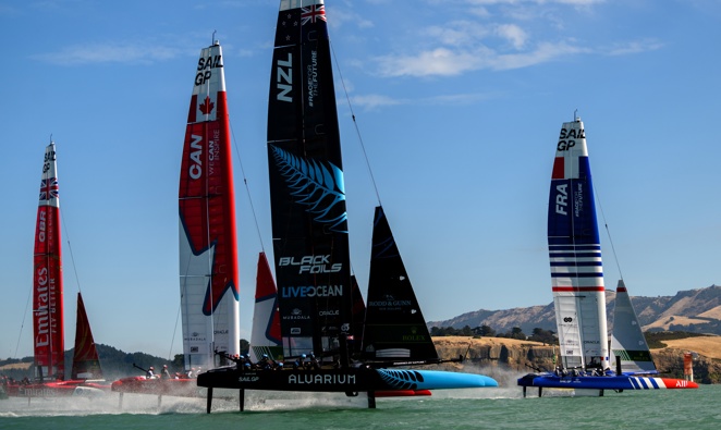 Teams Great Britain, Canada, New Zealand, and France (L-R) race during SailGP on March 24, 2024 in Lyttelton, Christchurch. Photo / Getty