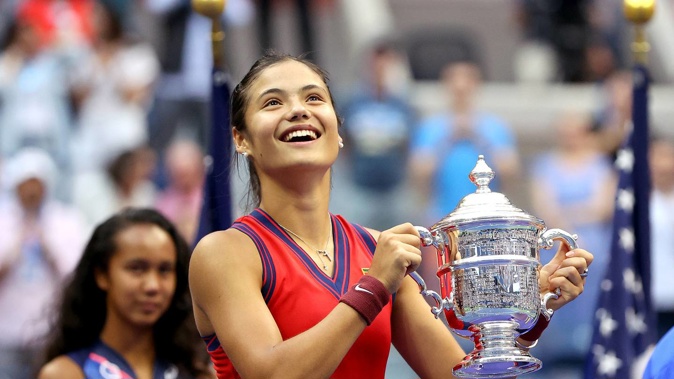 Emma Raducanu celebrates after winning the 2021 US Open. Photo / Getty
