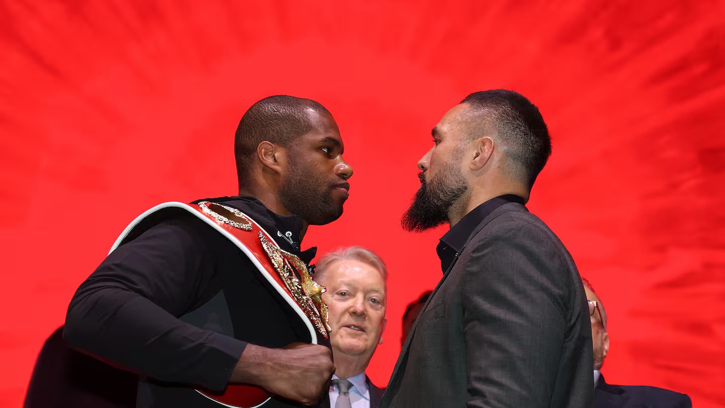 Daniel Dubois goes head to head with Joseph Parker during their press conference in London. Photo / Getty Images