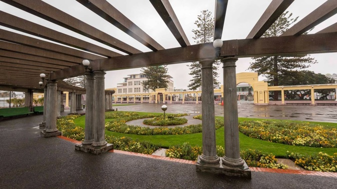 The Sound Shell in Napier's Marine Parade drenched by rain last Sunday. Photo / Connull Lang