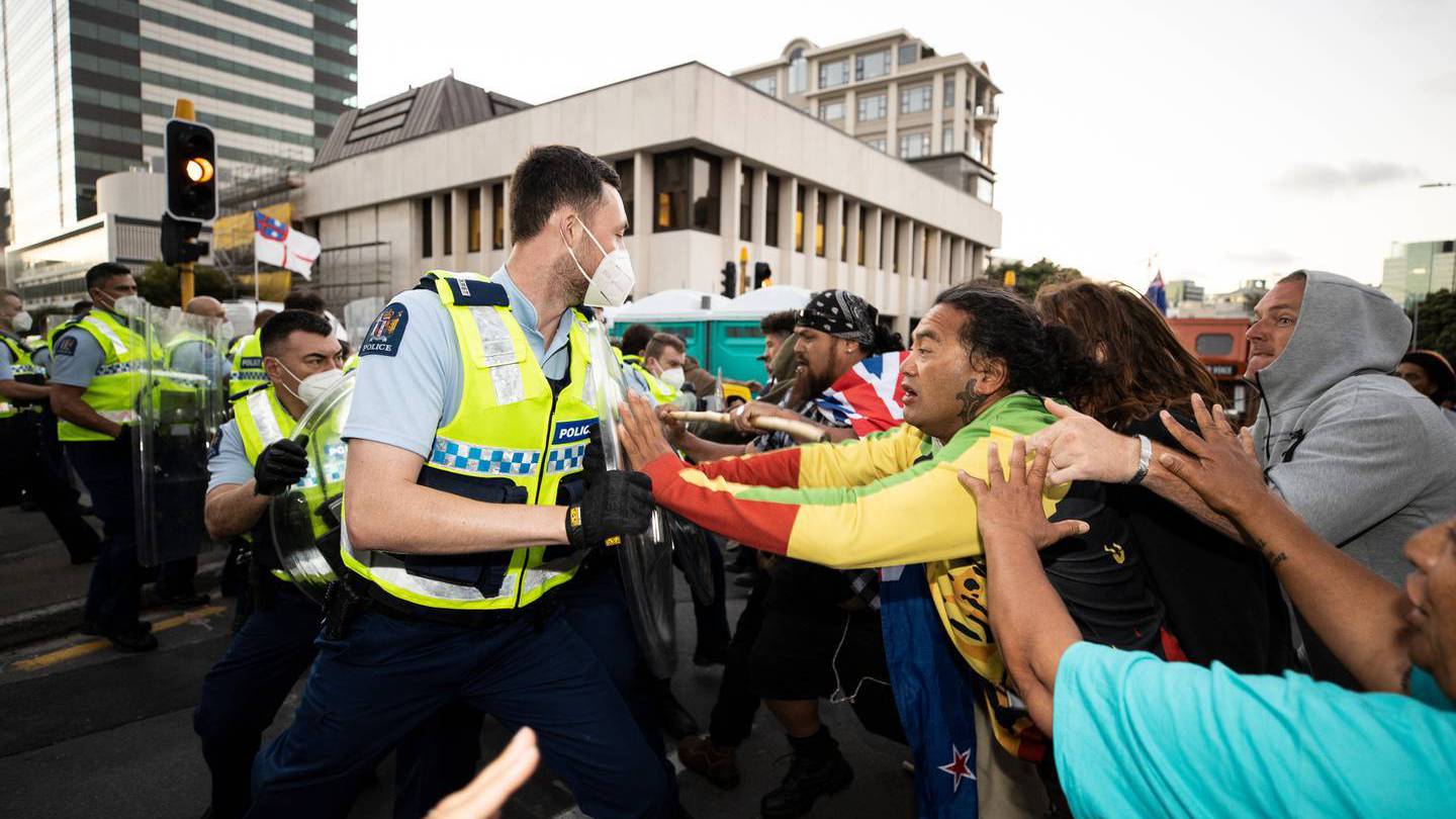 Police and protesters clashed on occasion during the anti-mandate protest at Parliament. Photo / George Heard
