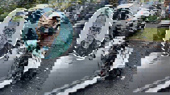 Wreckage of two cars after a crash in Raumanga on December 28 caused by Peter Stringfellow (inset).