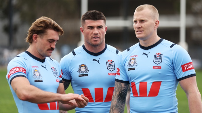 (L-R) Connor Watson, Bradman Best and Mitchell Barnett pose during a NSW Blues State of Origin media opportunity at NSWRL Centre of Excellence on July 08, 2024 in Sydney, Australia. (Photo by Matt King/Getty Images)