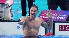 Lewis Clareburt of New Zealand reacts after winning the gold medal in the Men's 400m Individual Medley final at the World Aquatics Championships in Doha. Photo / AP